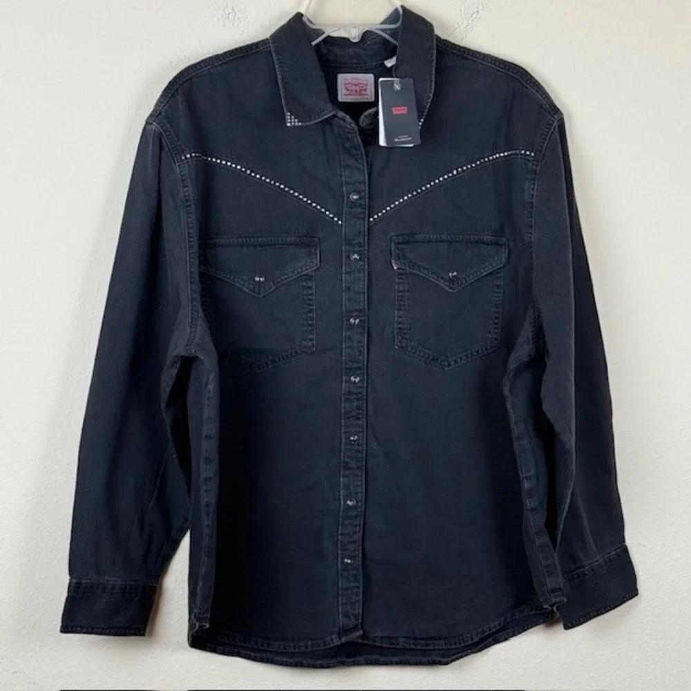 Levi's Shirt Womens 2X Black Western Denim Button Up Rhinestone Long Sleeve